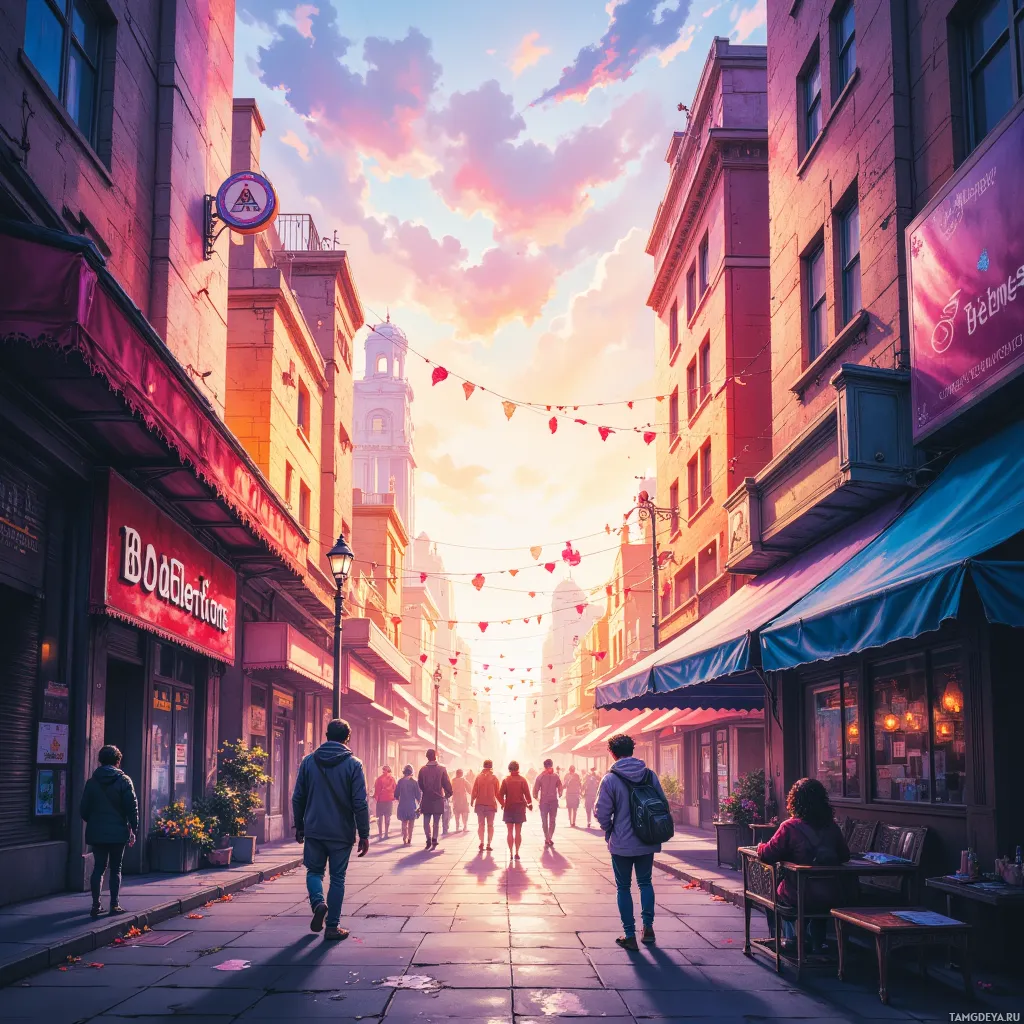 A vibrant street scene with people walking under colorful lights and a warm sunset sky.