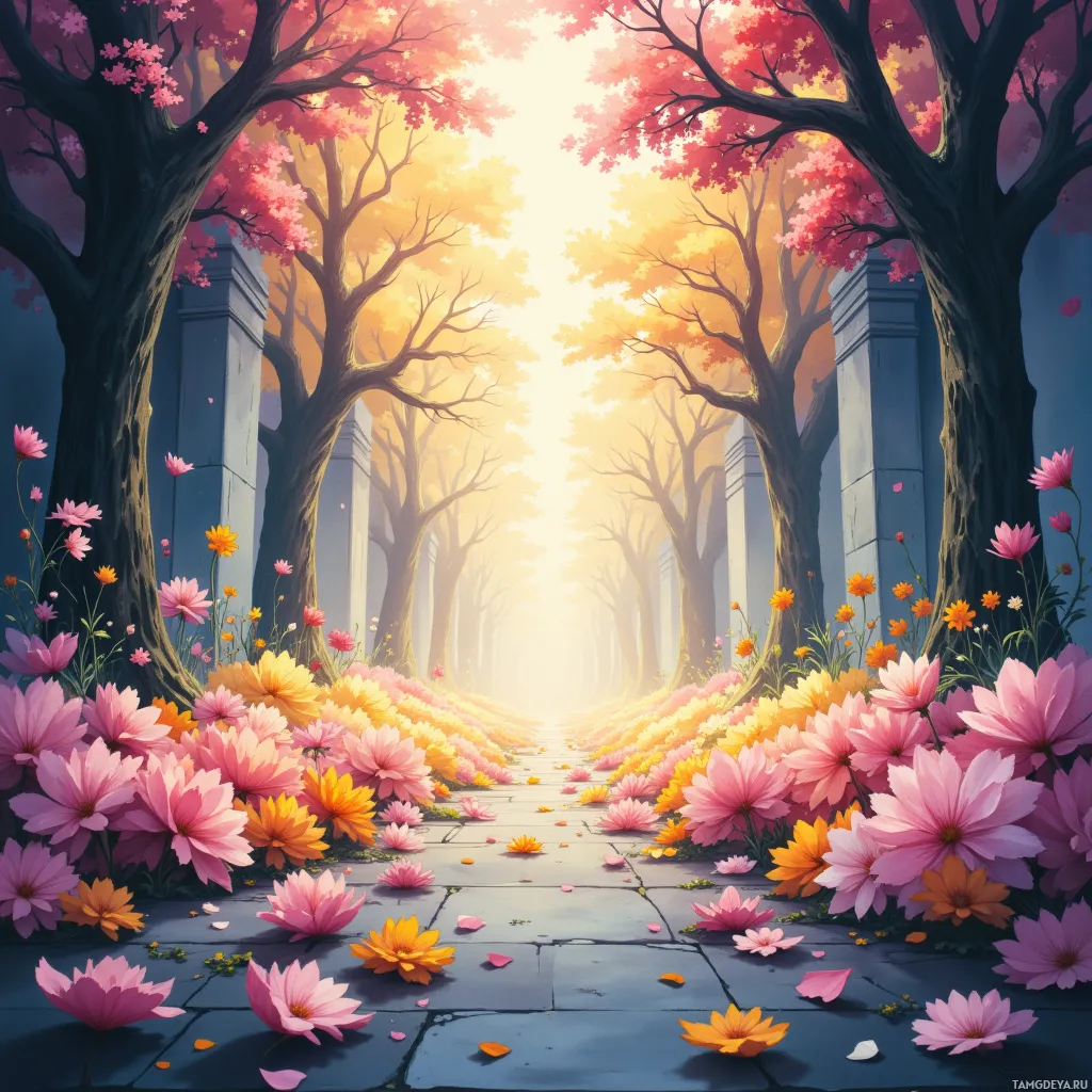 A vibrant garden scene with blooming flowers and a path leading towards a bright light.