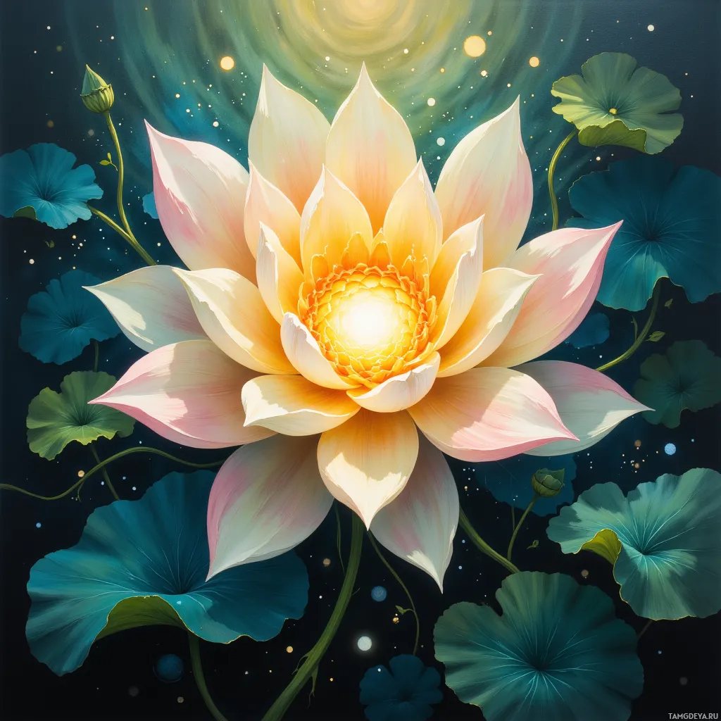 A vibrant lotus flower with a glowing center and surrounding leaves against a starry night sky.