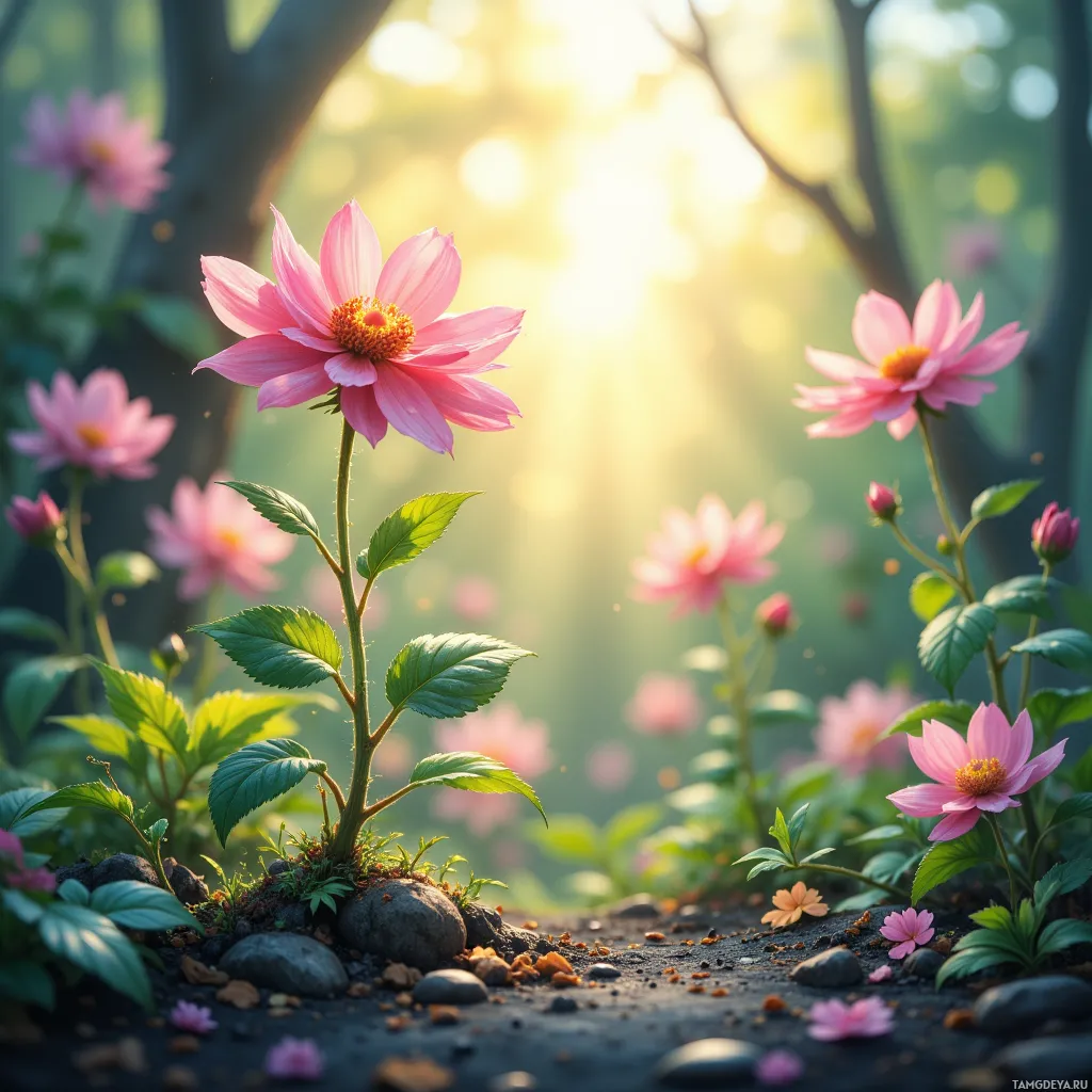 A vibrant pink flower with green leaves stands in a garden bathed in sunlight.