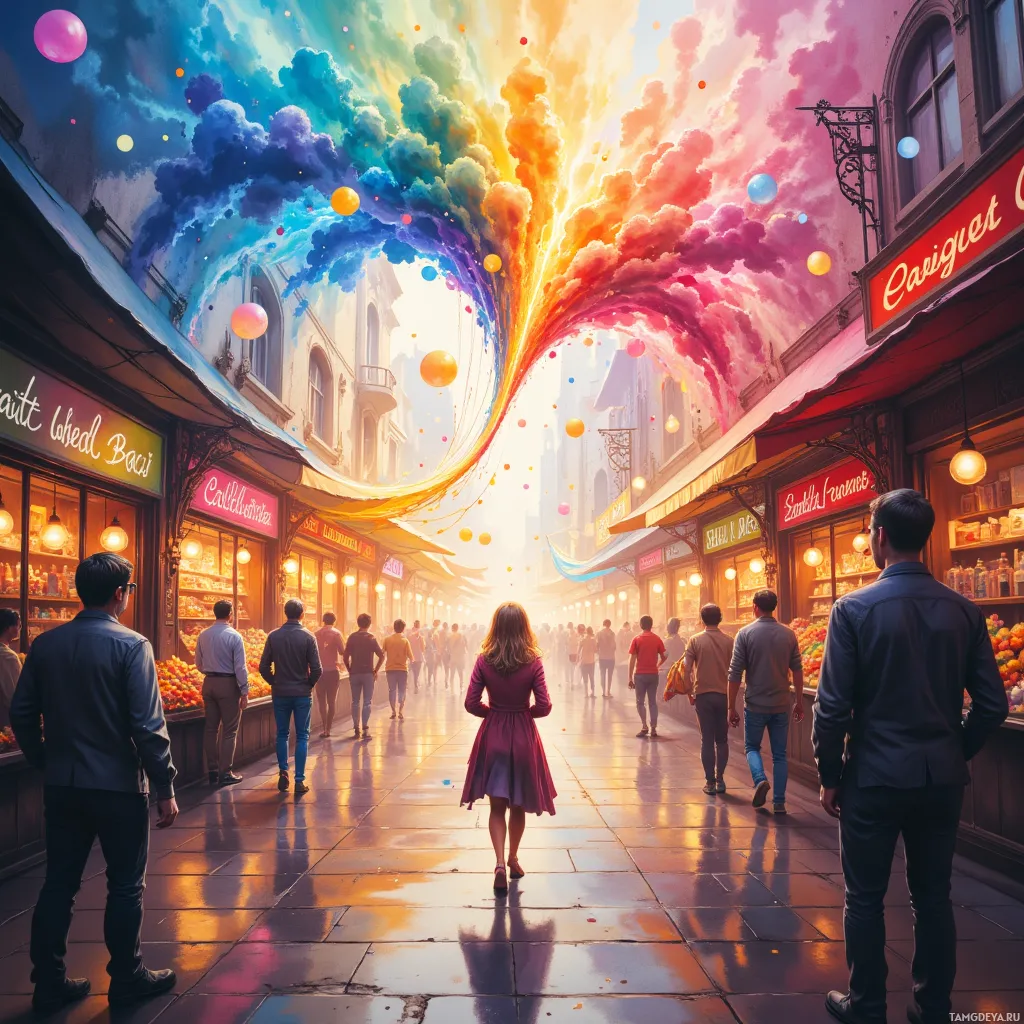 A vibrant street scene with colorful clouds and people walking.