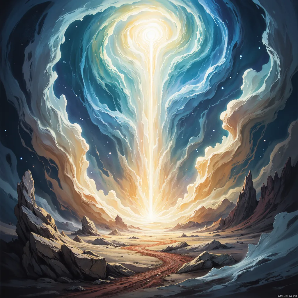 A surreal landscape with a glowing, radiant light source in the sky and rocky terrain below.