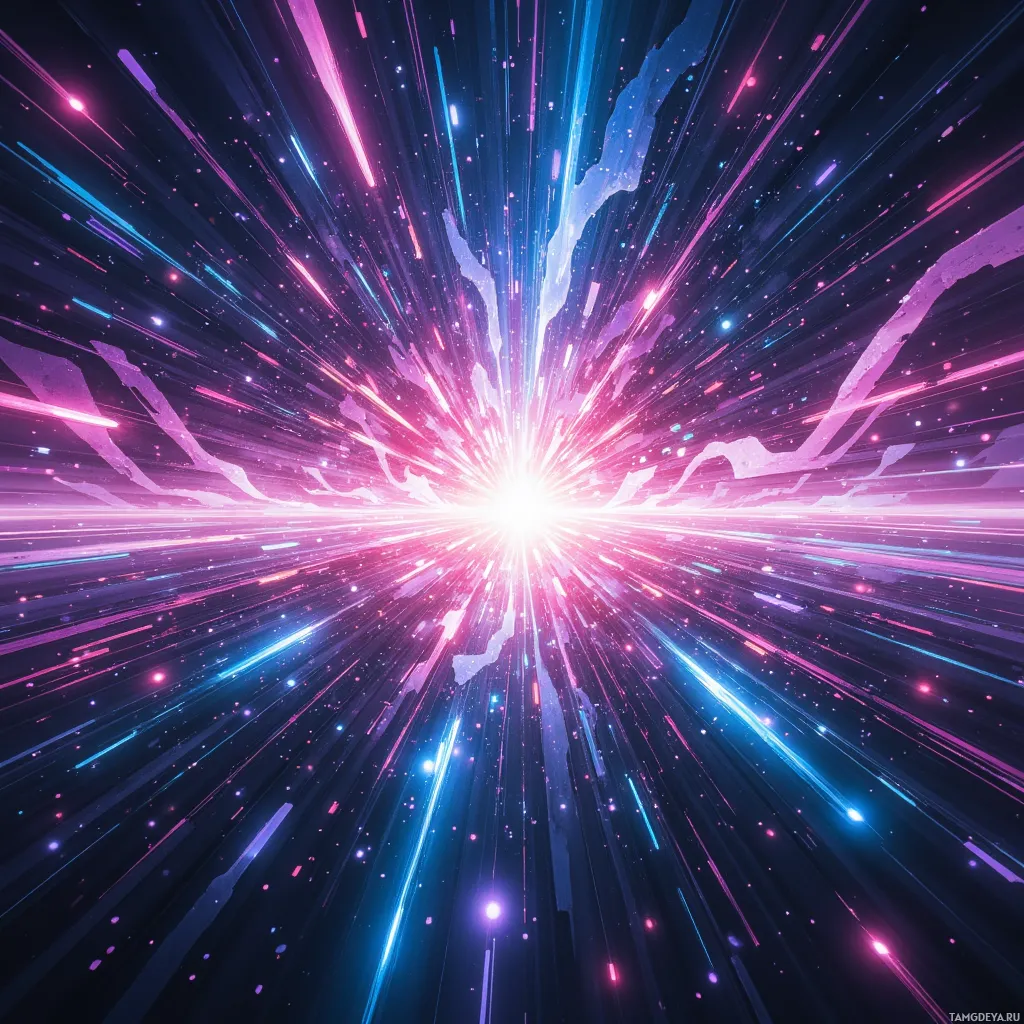 A vibrant cosmic scene with streaks of light and glowing particles radiating outward.