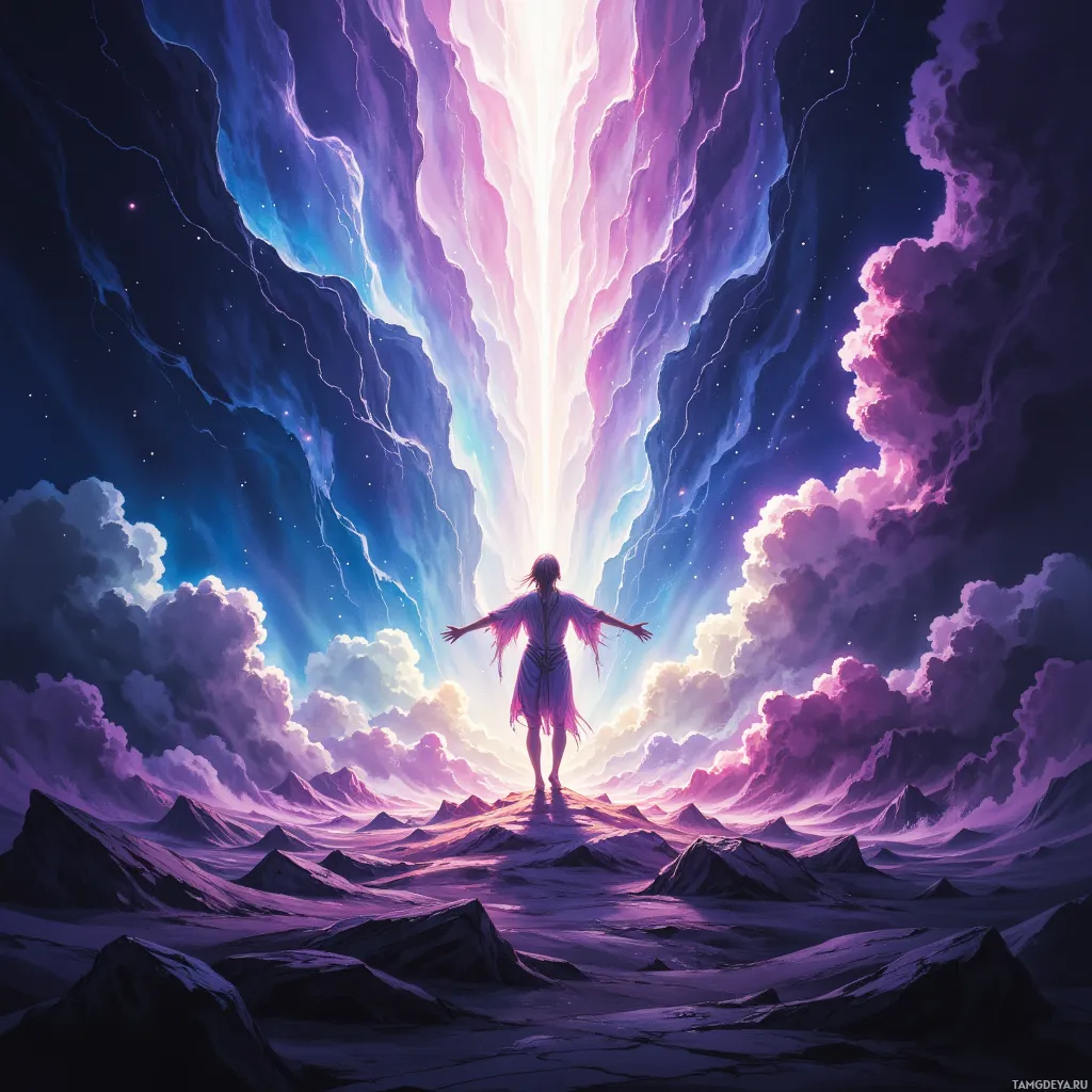 A person stands with arms outstretched on a mountain peak, gazing at a radiant, ethereal light source in the sky.