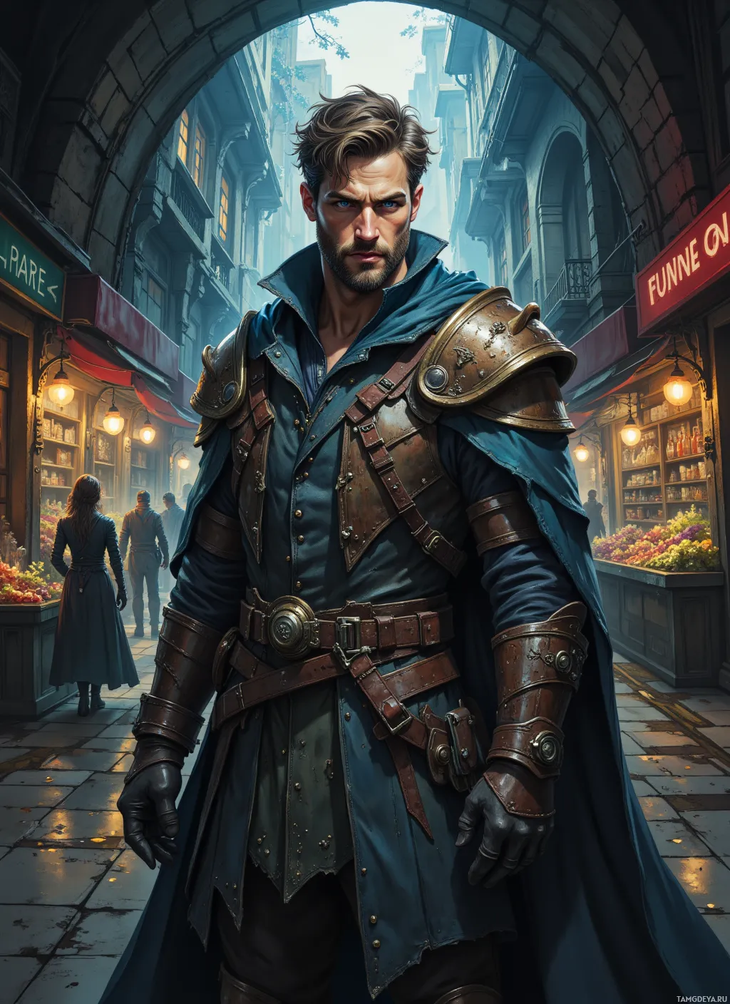 A man in detailed armor stands in a bustling medieval street.