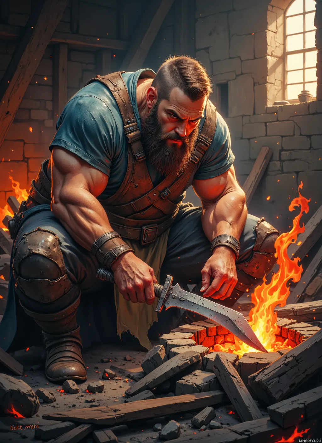 A muscular man with a beard and a sword kneels beside a fire in a stone-walled room.