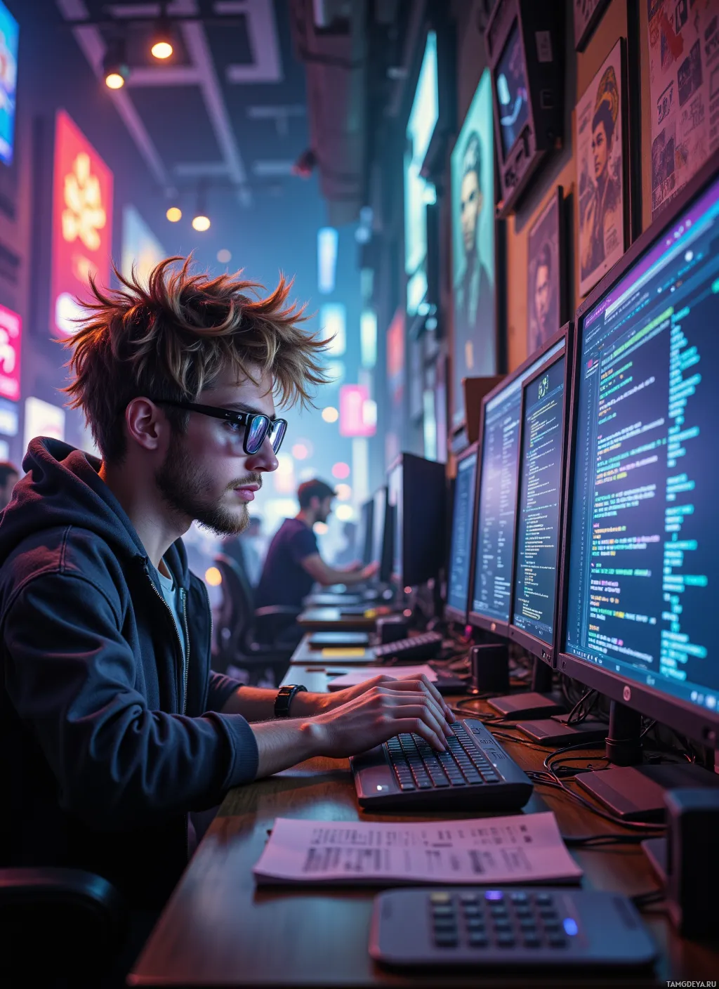 A person is working at a desk with multiple computer monitors displaying code, in a dimly lit room with neon lights and posters on the walls.