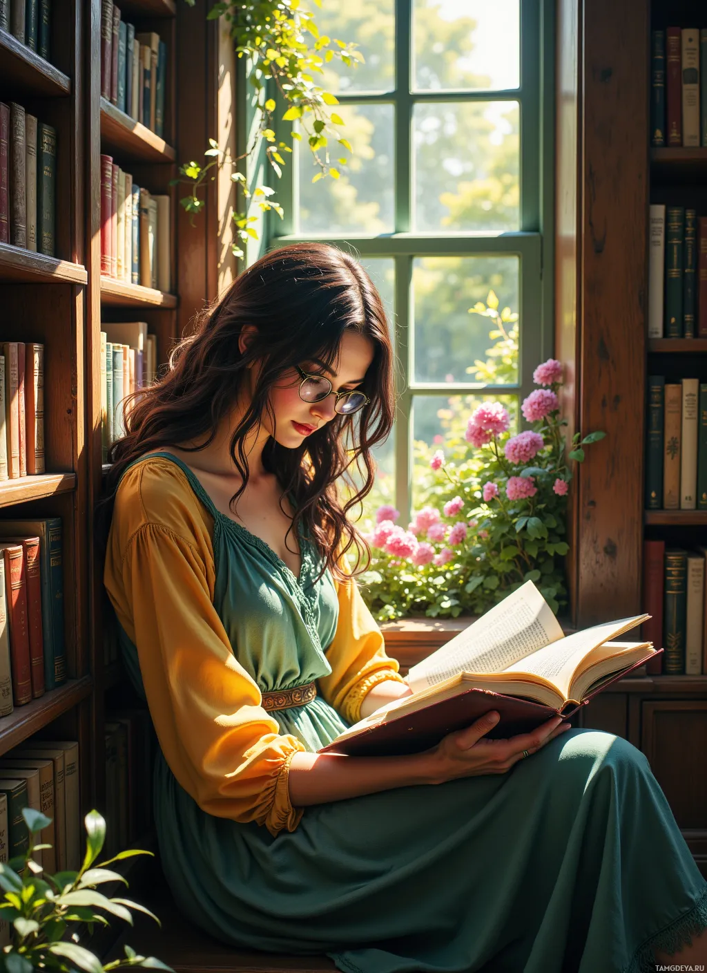 A woman in a green dress reads a book by a window in a library.