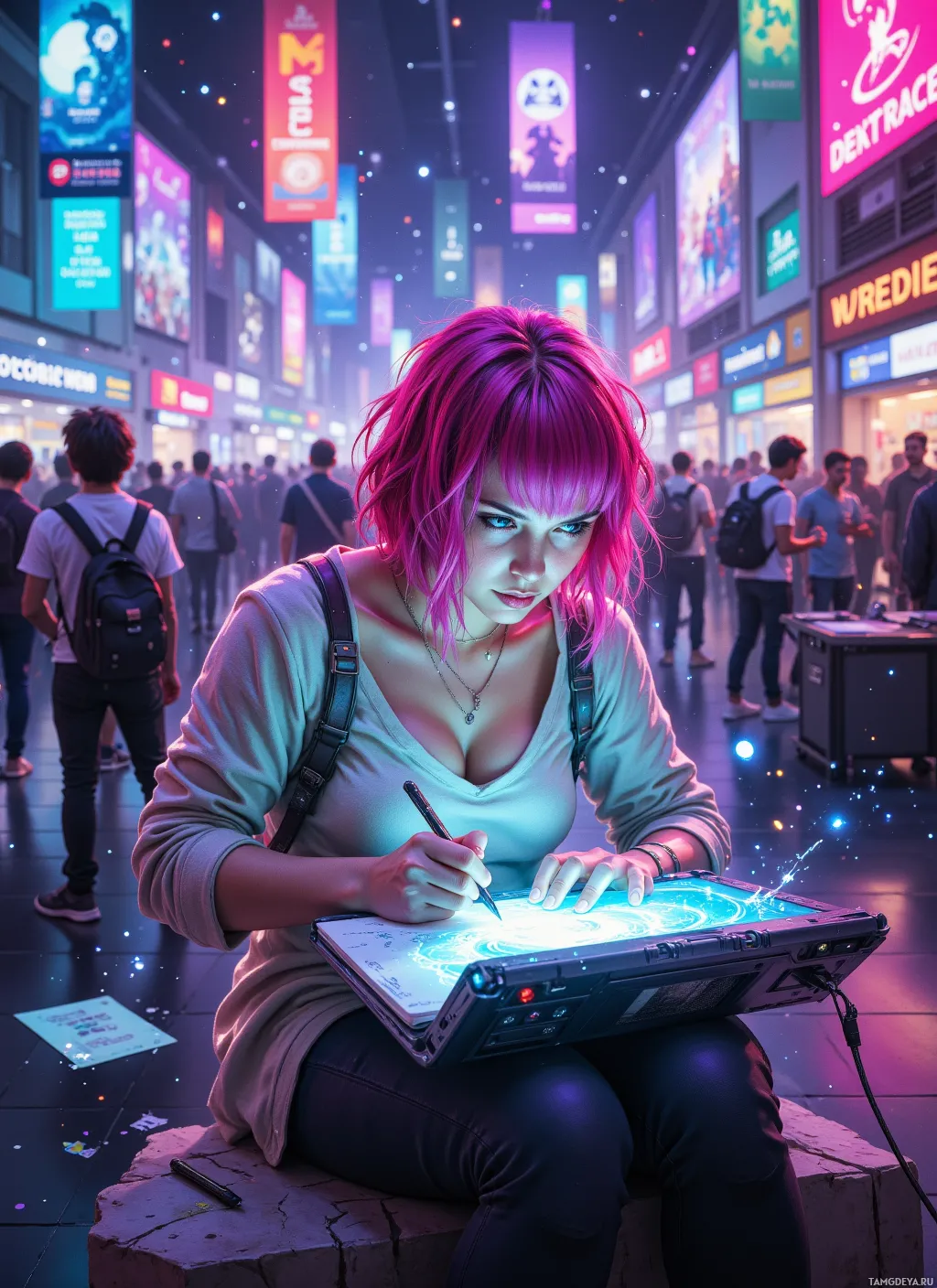 A person with vibrant pink hair sits on a ledge, drawing on a glowing tablet in a bustling, neon-lit urban environment.