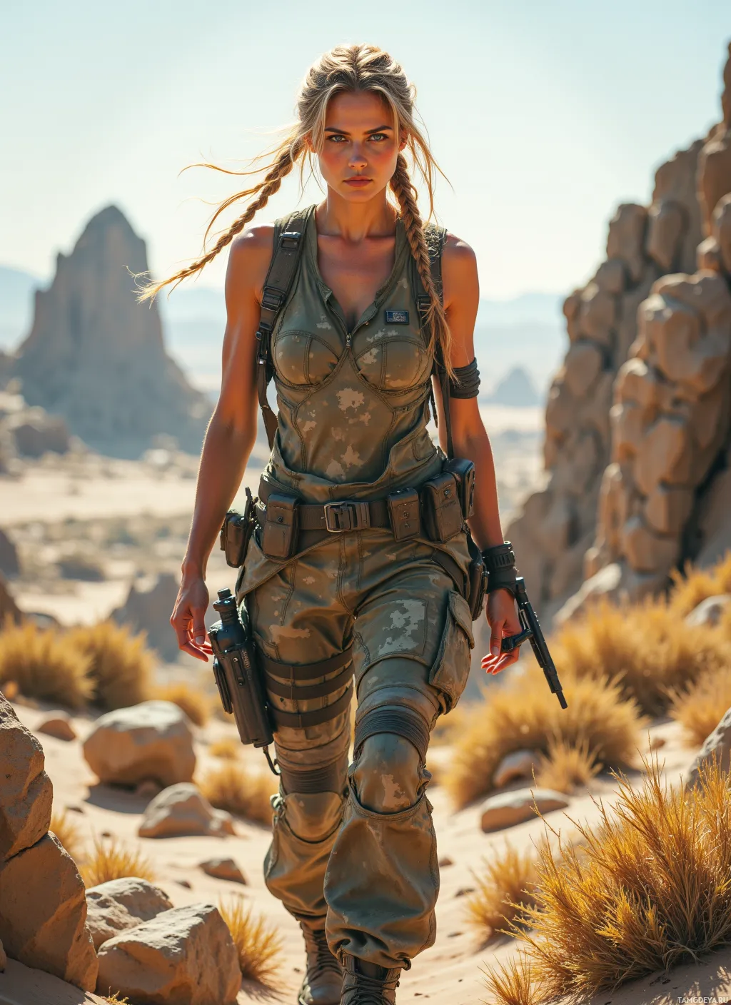 A woman in military attire walks through a desert landscape.