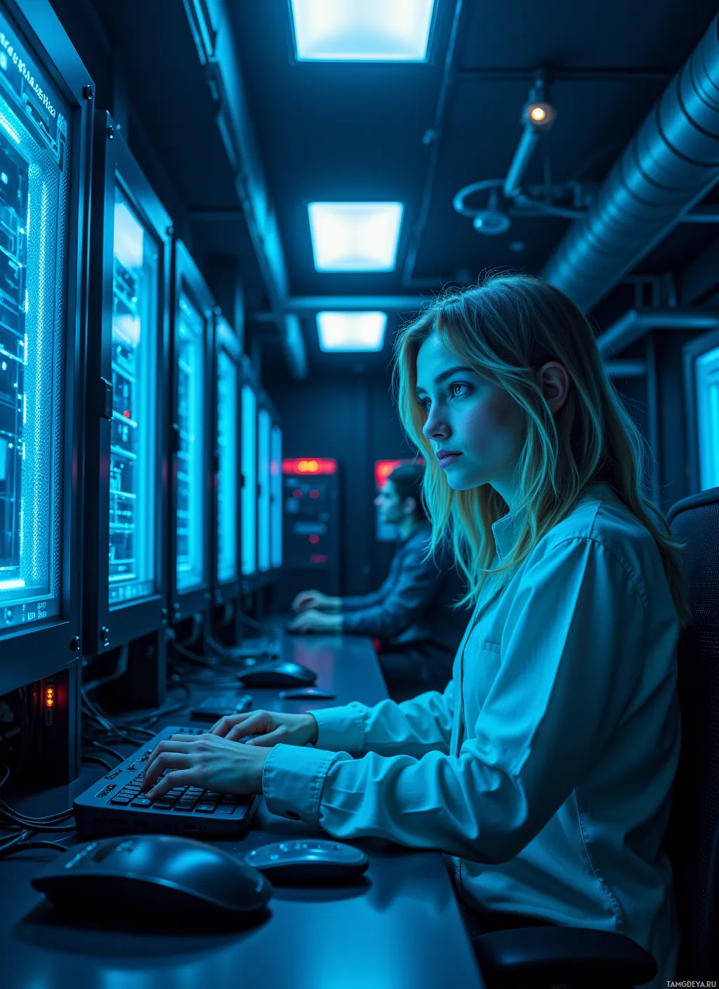 A person is working at a computer in a dimly lit server room.