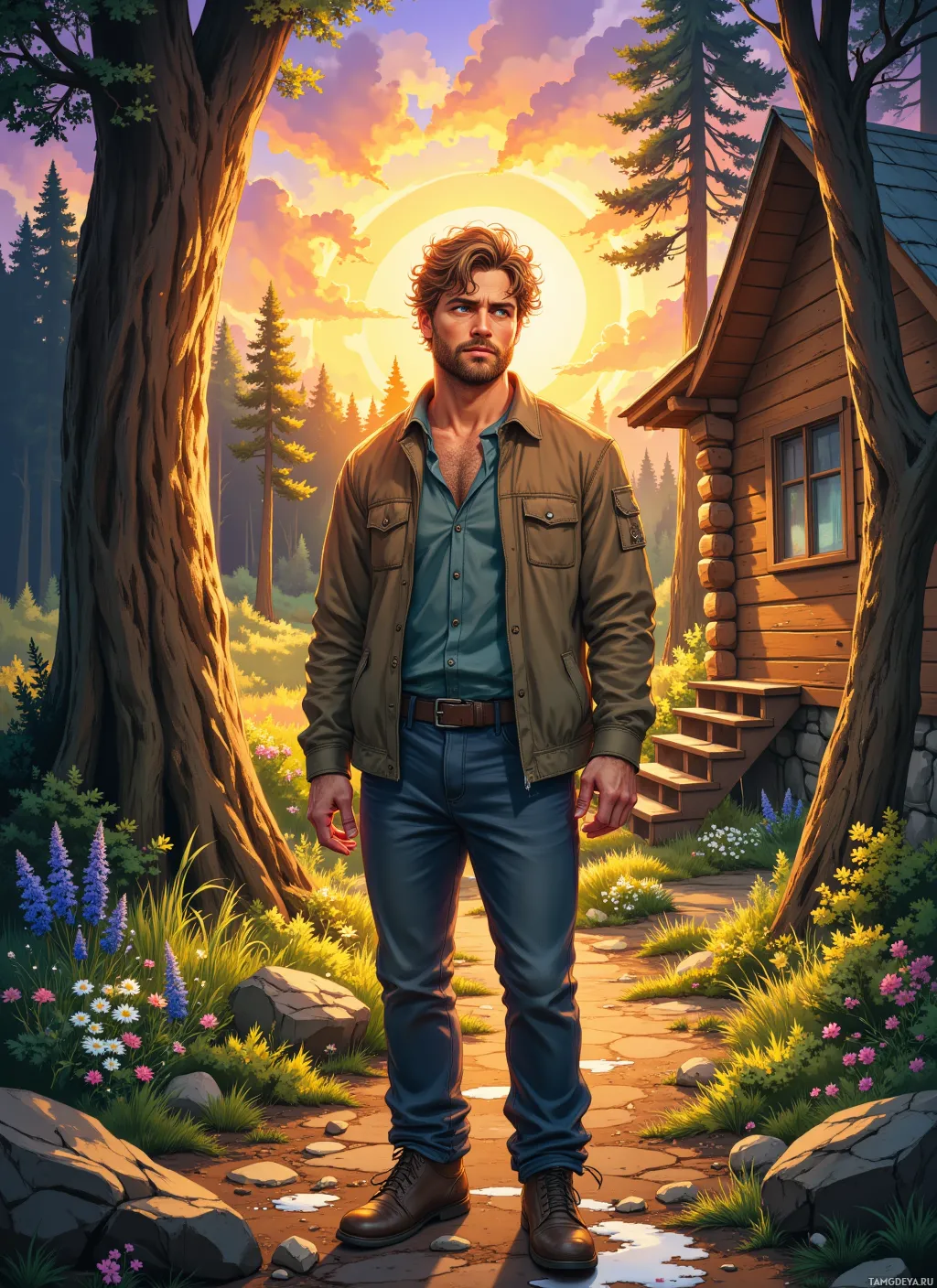 A man stands in a serene forest setting with a log cabin and blooming flowers in the foreground.