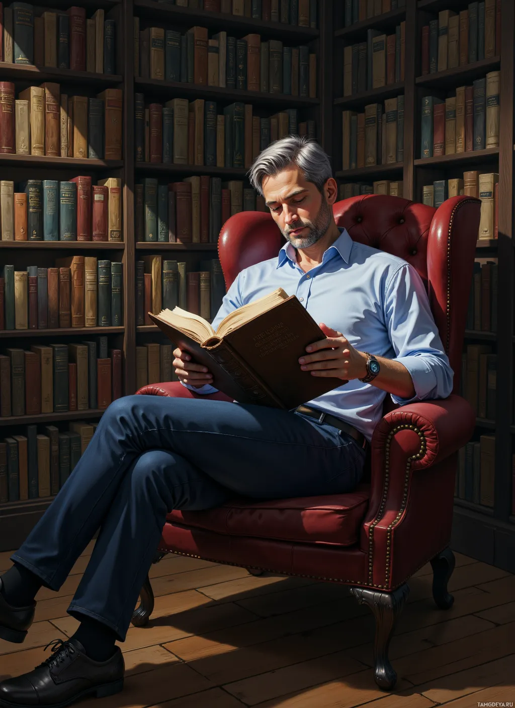 A man sits in a red leather armchair in a library, reading a book.