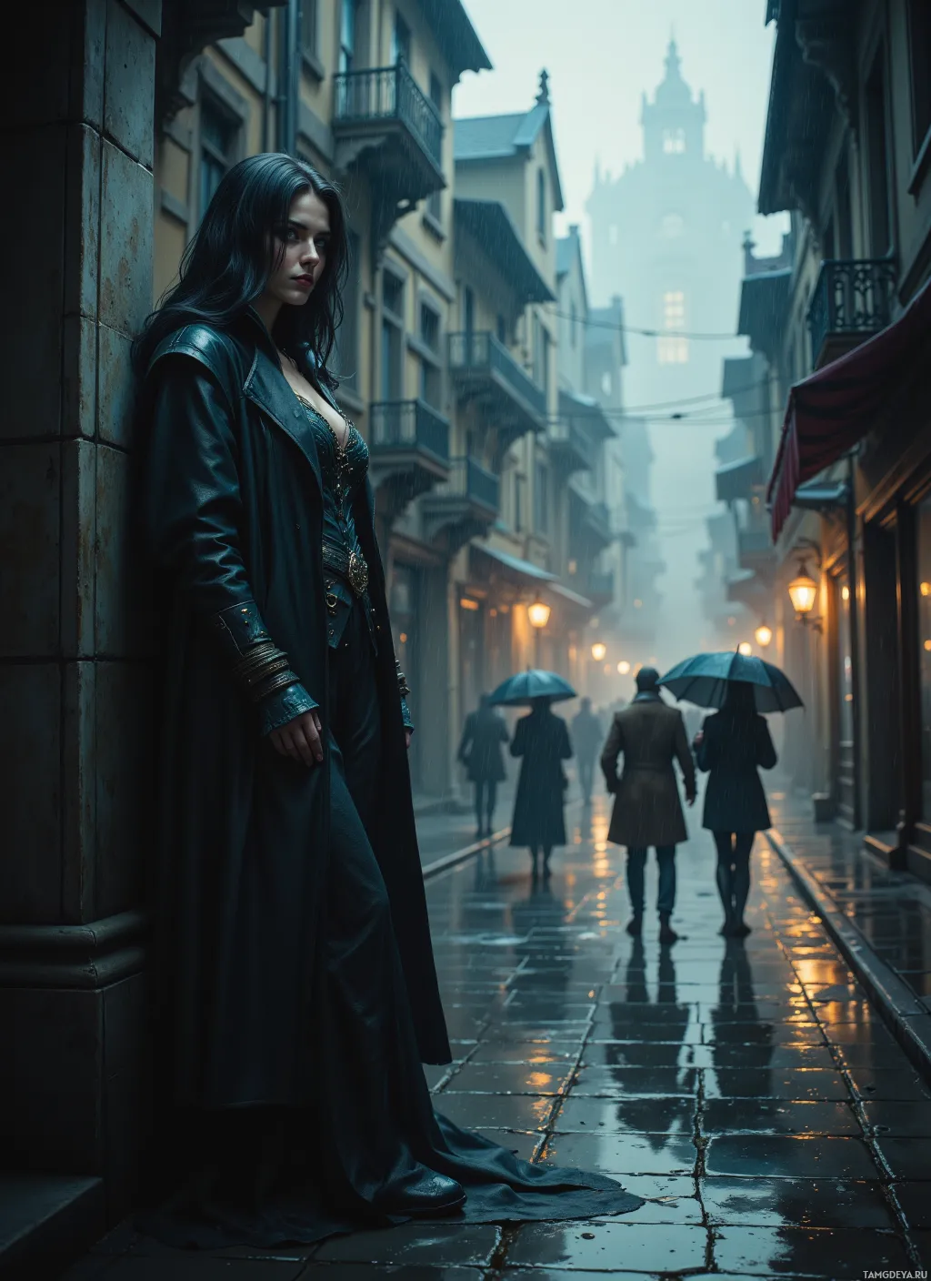 A woman in a long coat stands in a rainy alleyway, surrounded by people with umbrellas.