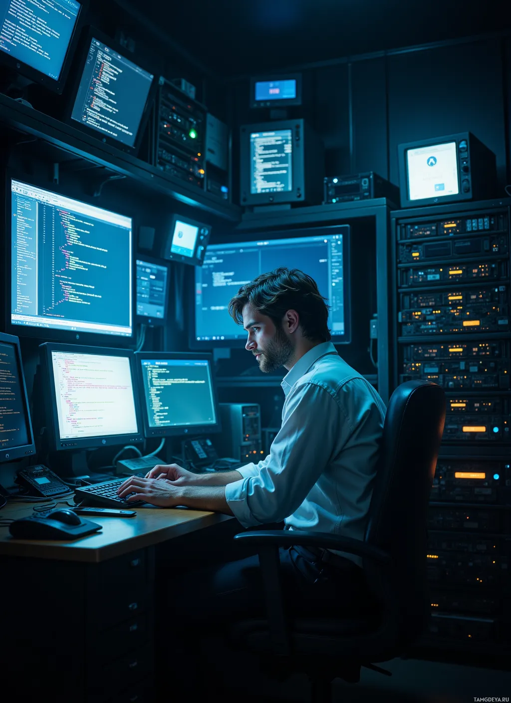 A person is working at a desk with multiple computer monitors displaying code and data in a dimly lit room.