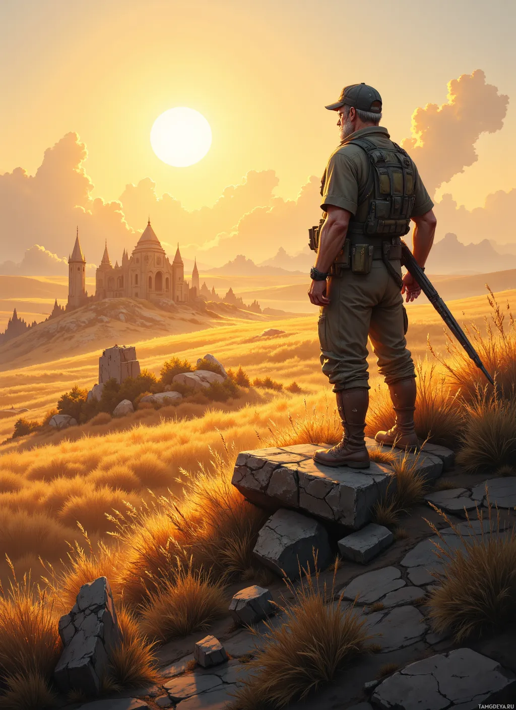 A soldier stands on a rocky outcrop overlooking a golden landscape and distant castle at sunset.
