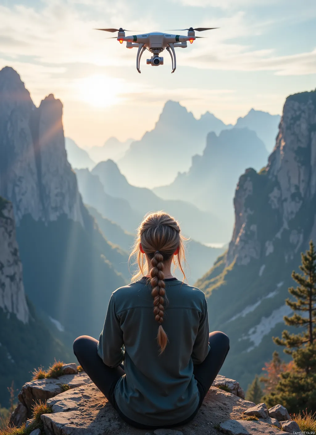 A person sits on a rocky outcrop overlooking a mountainous landscape with a drone hovering above.