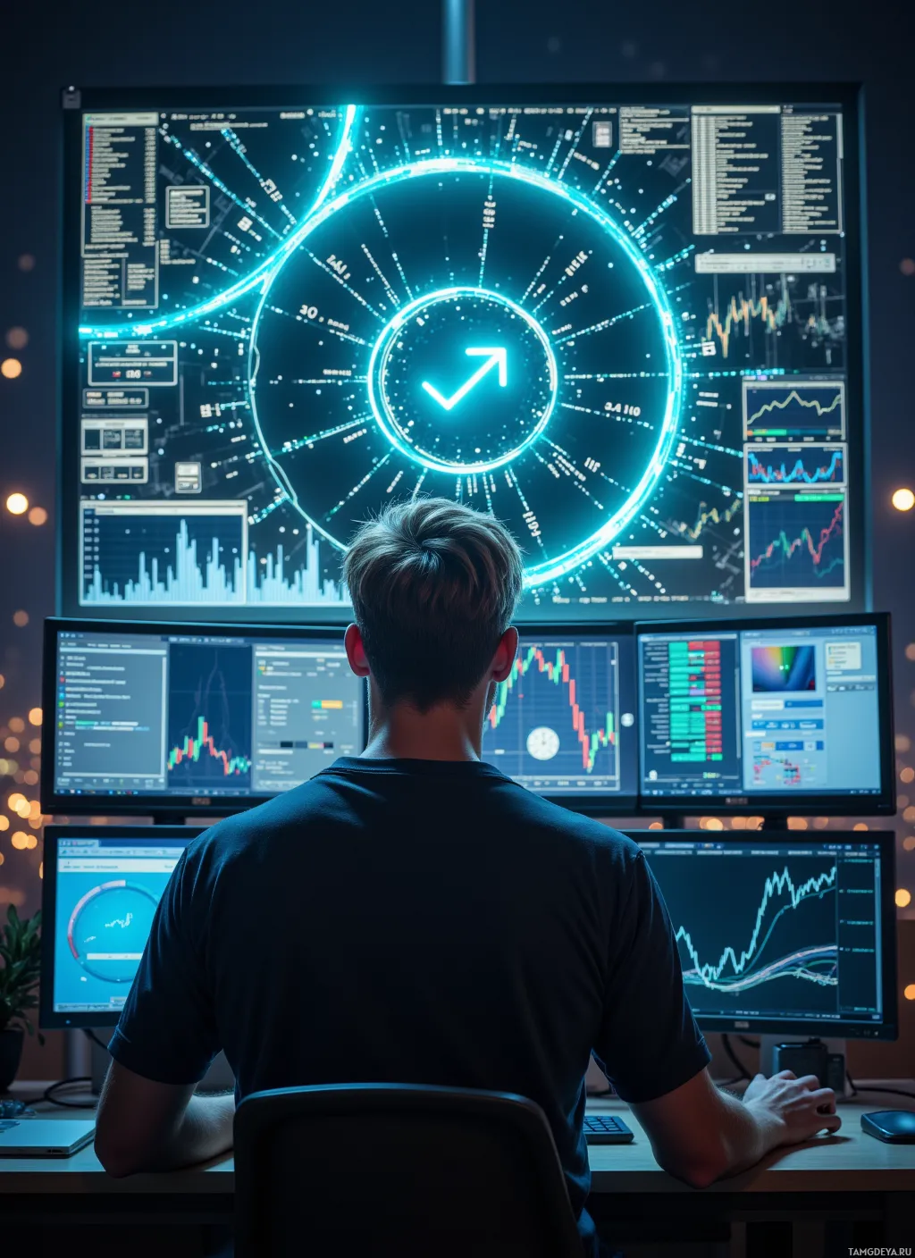 A person is seated at a desk, facing a large monitor displaying a futuristic interface with various graphs, charts, and data visualizations.
