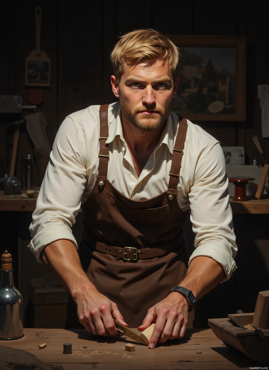 A man in a workshop wearing an apron and holding a tool.