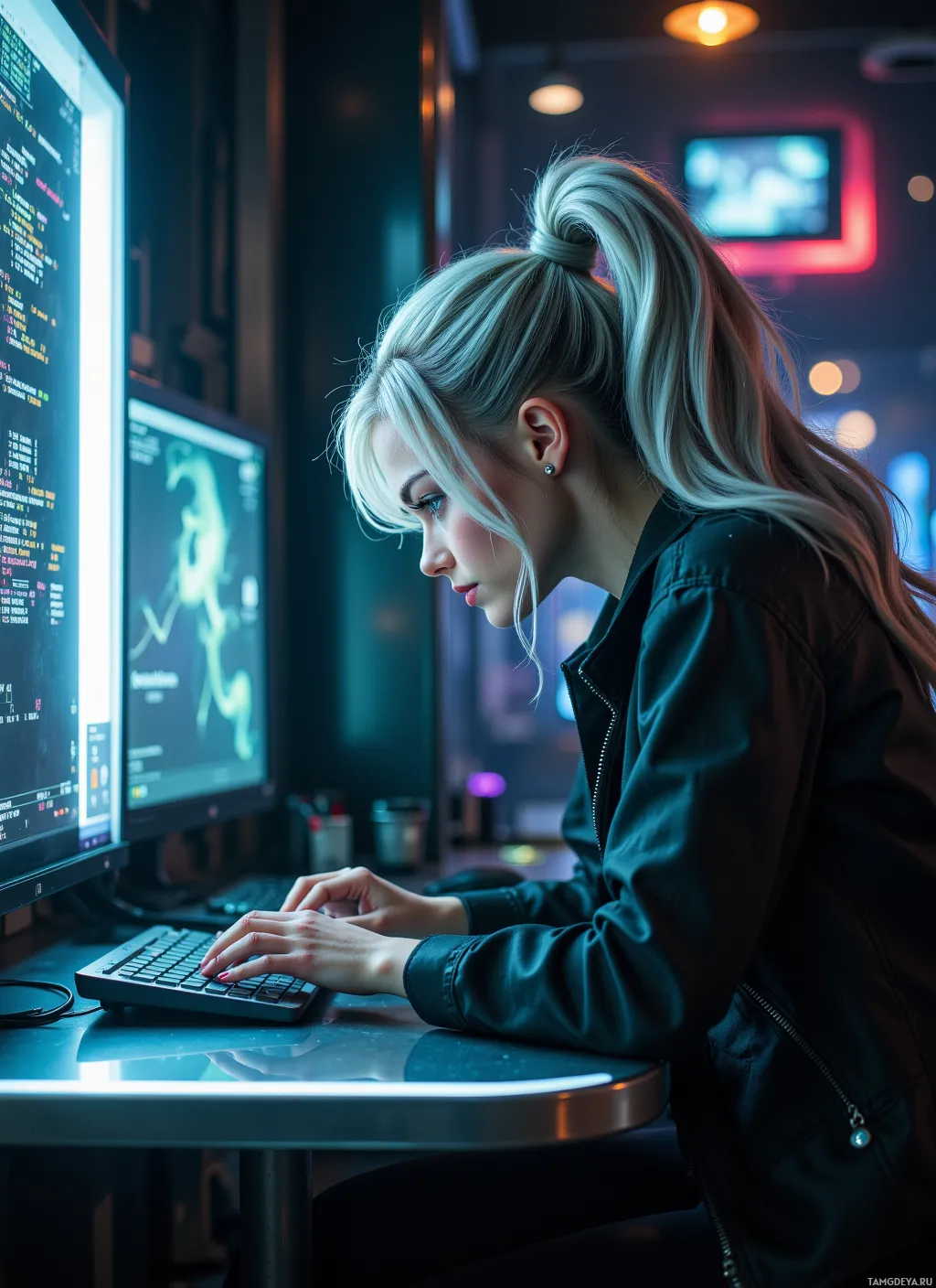 A person is working at a computer in a dimly lit room with neon lights.