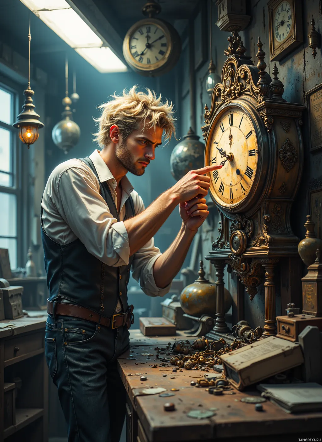 A man in a workshop pointing at an ornate clock.
