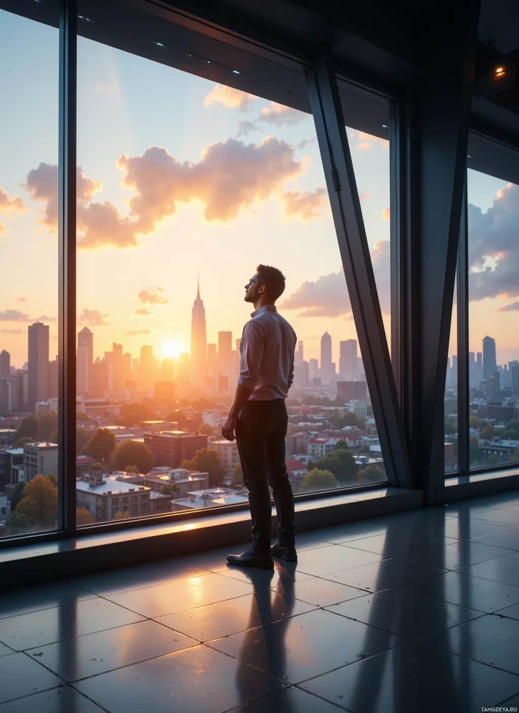 A man stands by a large window overlooking a cityscape at sunset.