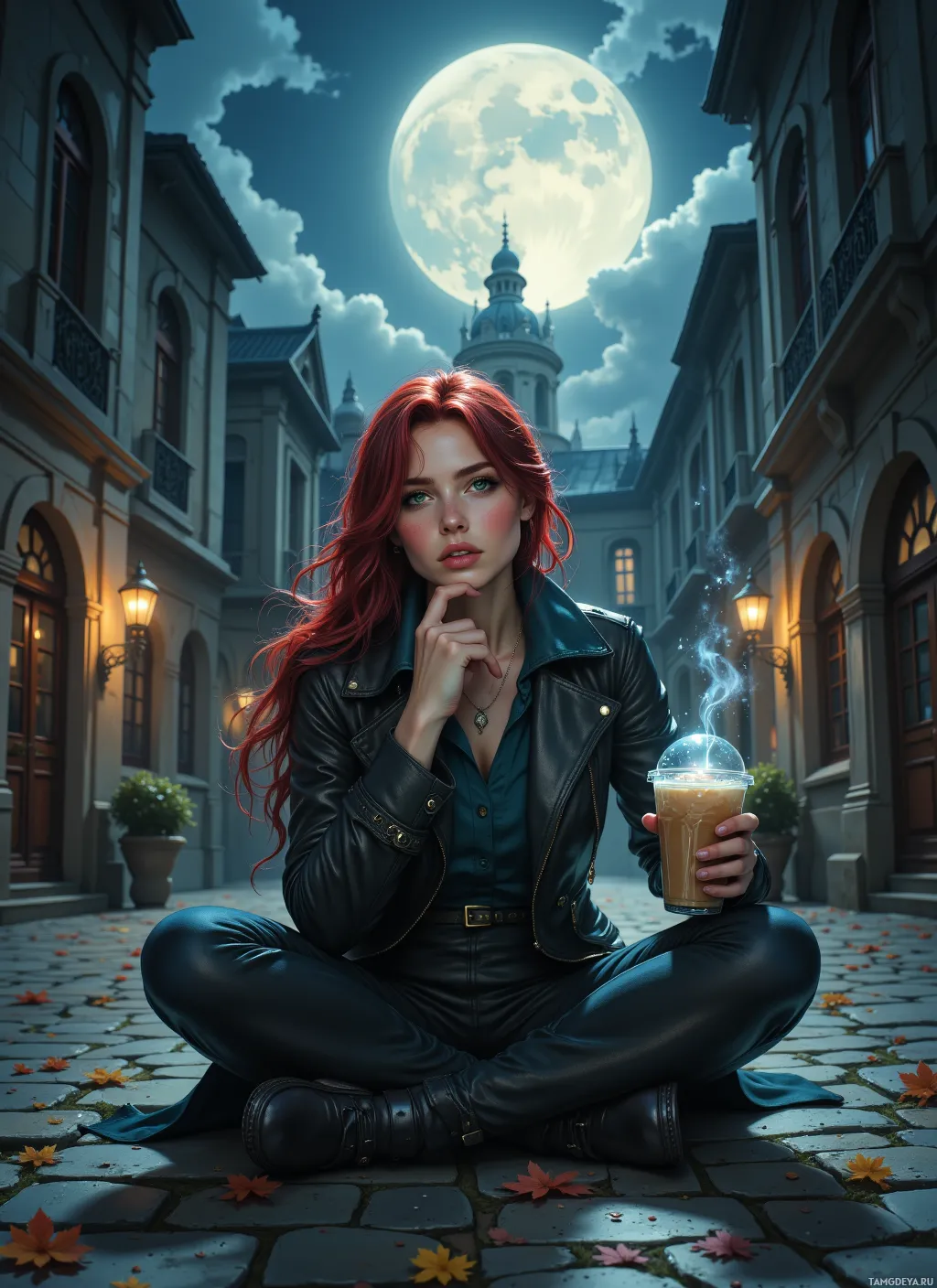 A woman with red hair sits on a cobblestone street, holding a drink, under a full moon.