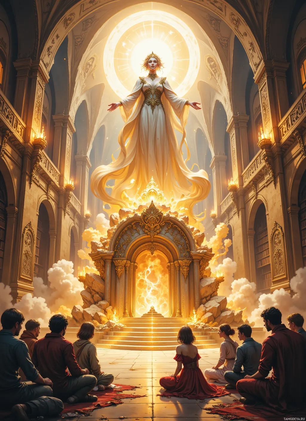 A group of people sits in reverence before a radiant, ethereal figure emerging from a golden portal in a grand, ornate hall.