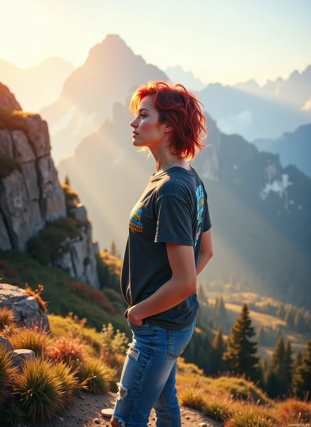 A person stands on a mountain path, gazing at the scenic view of rugged peaks and lush greenery.