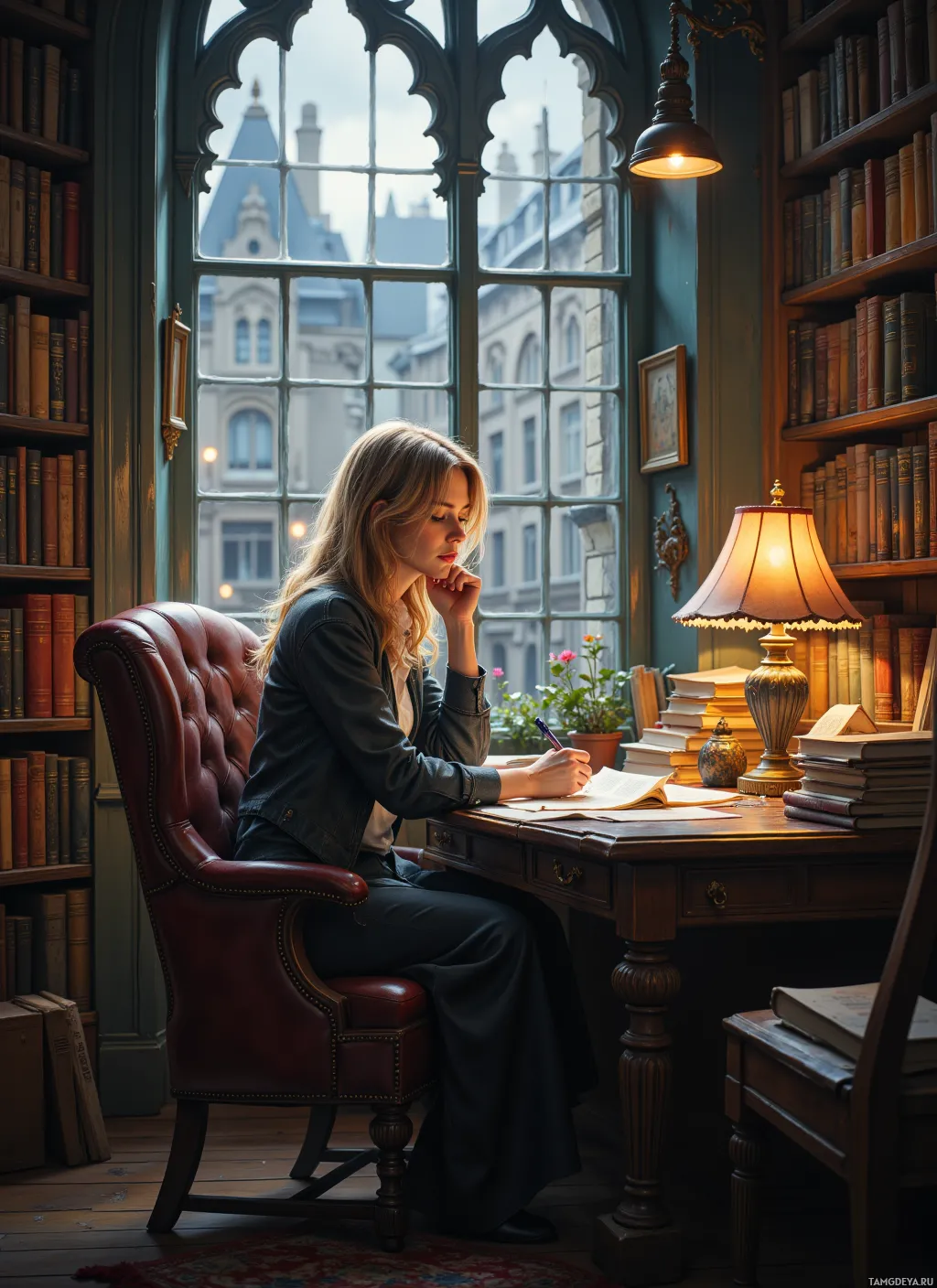 A woman sits at a desk in a library, writing in a notebook under the light of a lamp.