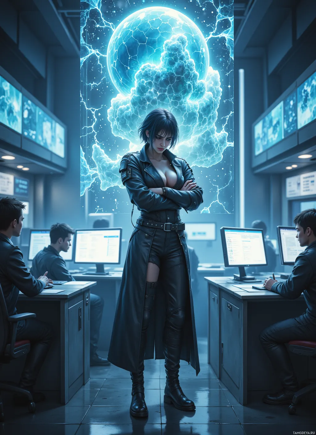 A woman in a leather outfit stands in a control room with others working at computers, under a glowing, electric sphere.
