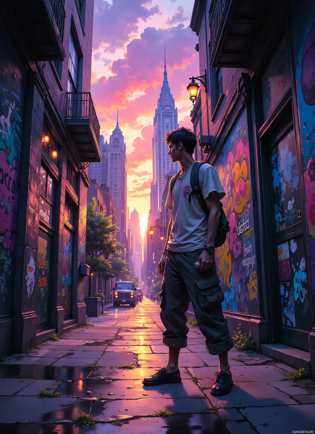 A young man stands in a narrow alleyway with graffiti-covered walls, looking towards a distant skyscraper under a vibrant sunset sky.