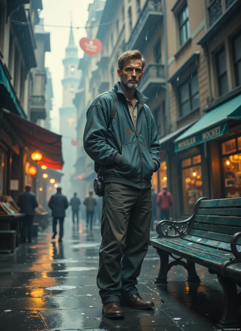 A man stands on a rainy street in an urban setting, wearing a jacket and carrying a bag.