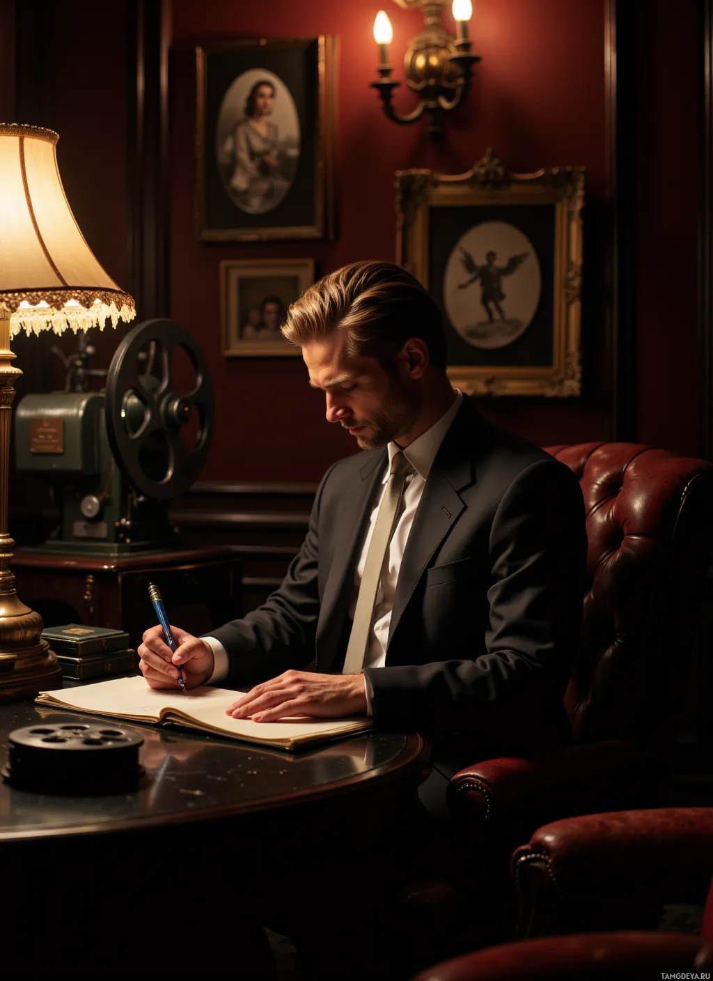 A man in a suit sits at a desk, writing in a notebook.