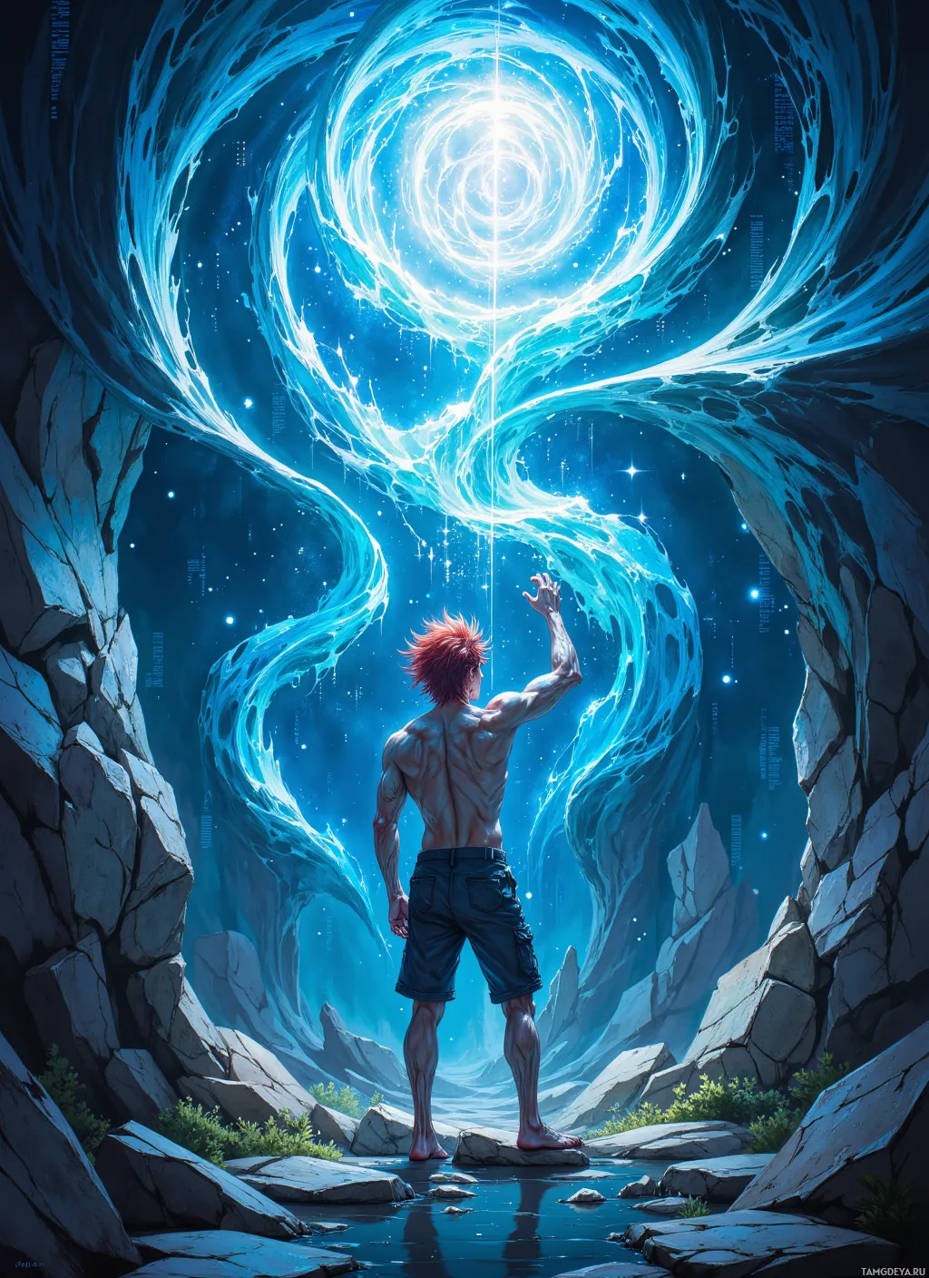 A muscular figure stands before a glowing, swirling portal in a rocky landscape.