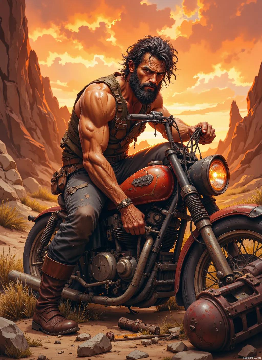 A rugged man with a beard sits on a red motorcycle in a desert landscape at sunset.