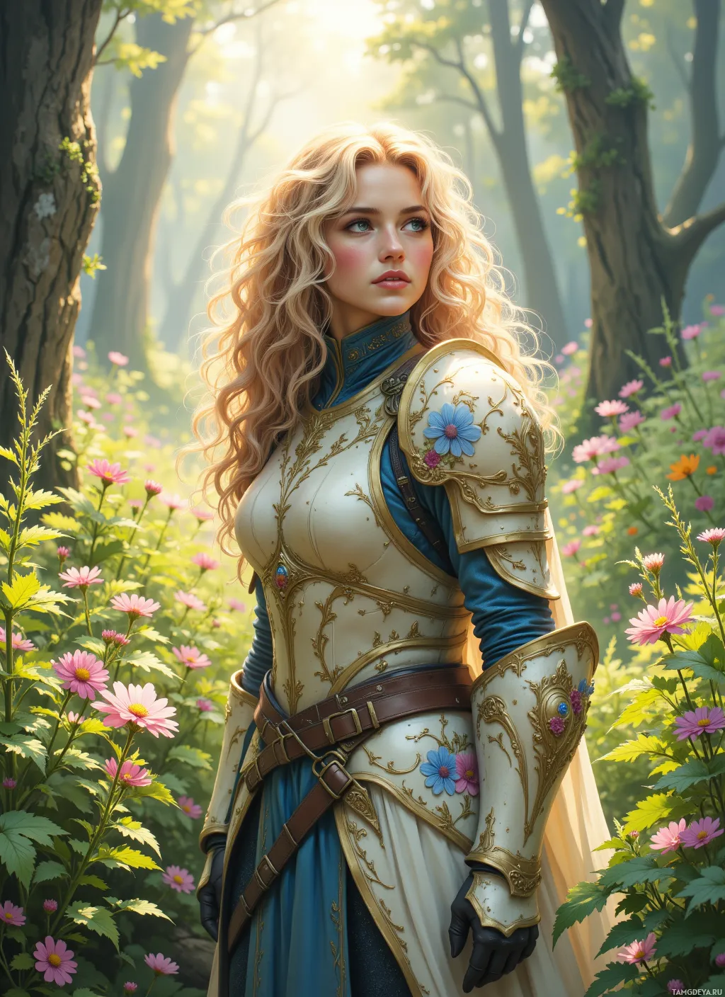 A woman in ornate armor stands amidst a garden of flowers.