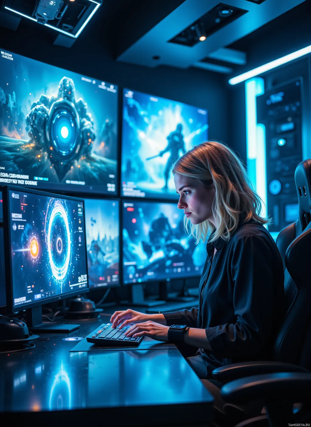 A person is seated at a desk with multiple monitors displaying futuristic graphics.