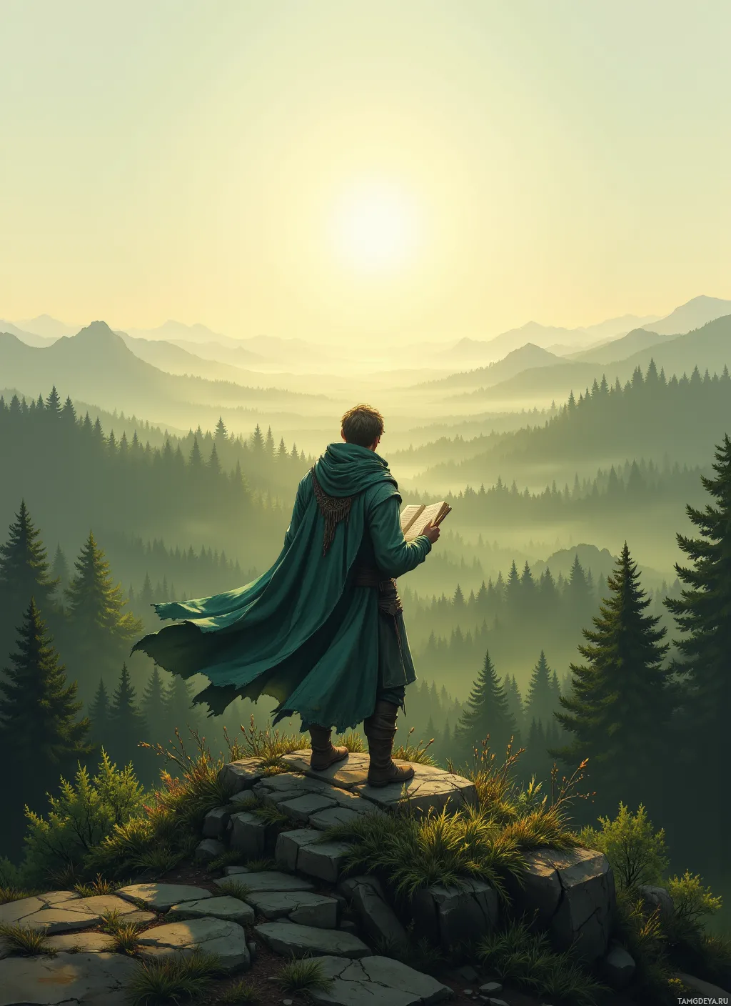 A person stands on a rocky outcrop, reading a book, overlooking a misty forest and distant mountains at sunrise.
