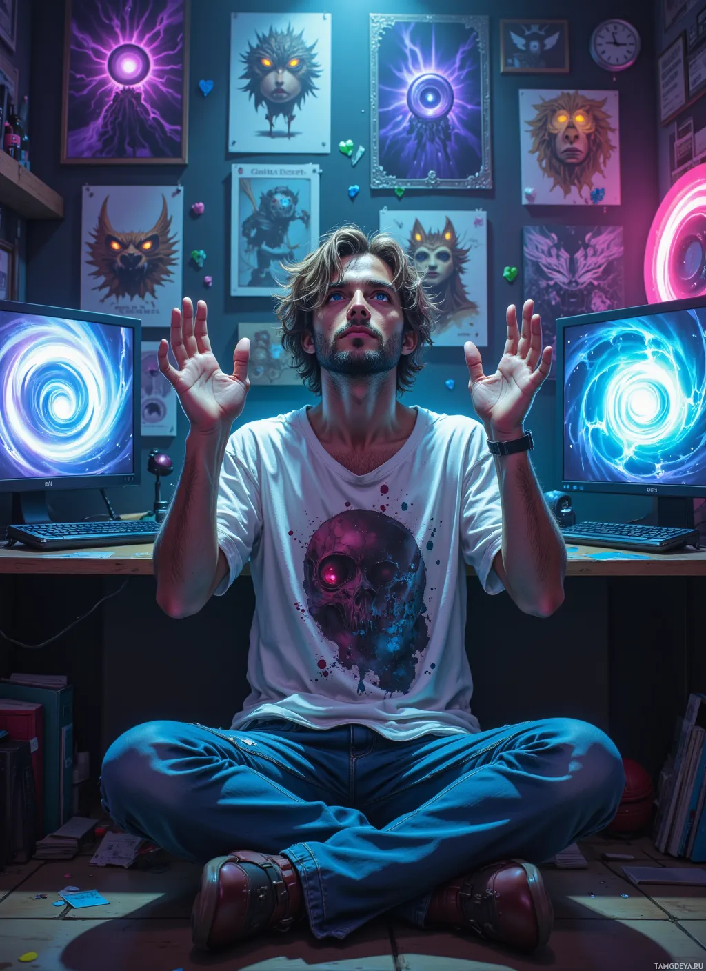 A person sits cross-legged in a room with vibrant artwork and computer monitors displaying swirling patterns.