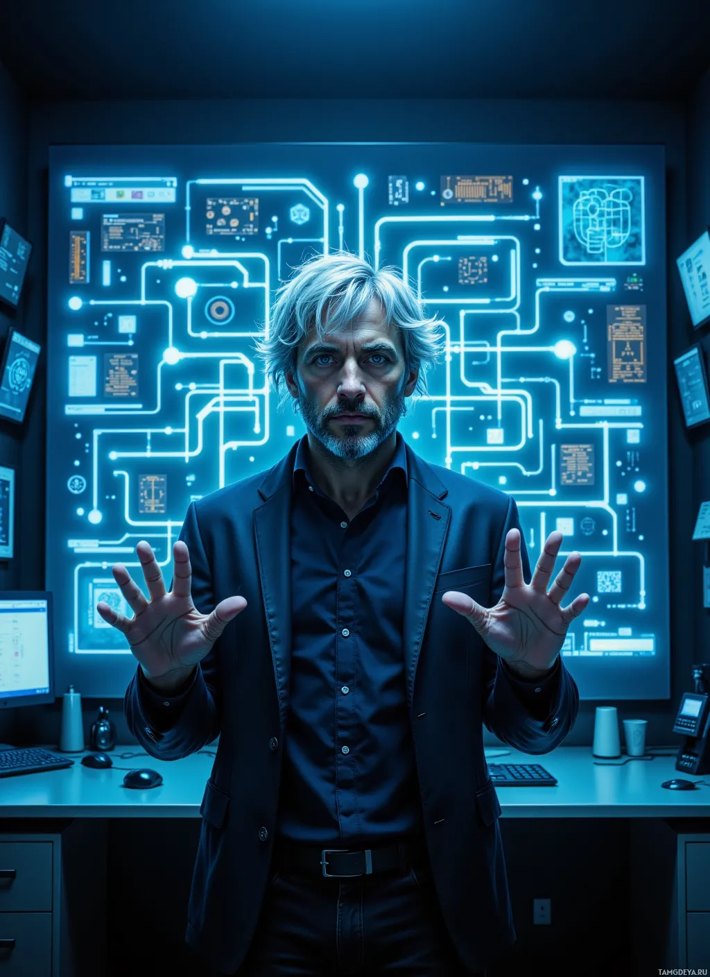 A man in a suit stands in front of a glowing circuit board display.