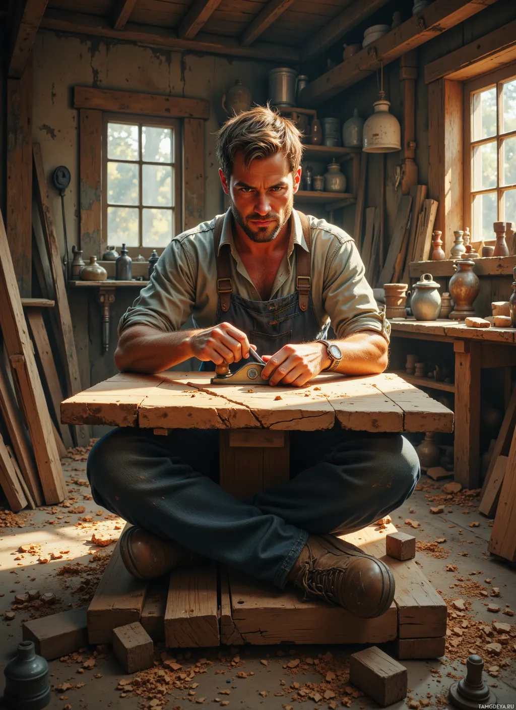 A man in a workshop, kneeling and using a hand plane on a piece of wood.