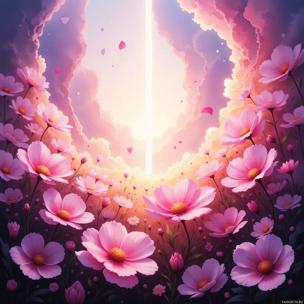 A vibrant scene of pink flowers blooming against a backdrop of glowing clouds and a radiant light beam.