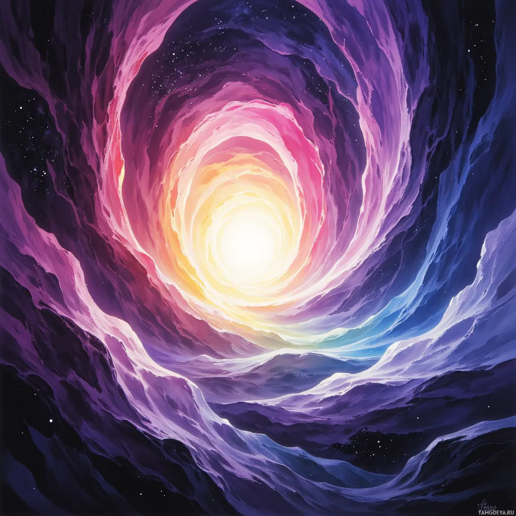 A vibrant, swirling cosmic tunnel with a bright light at its center.