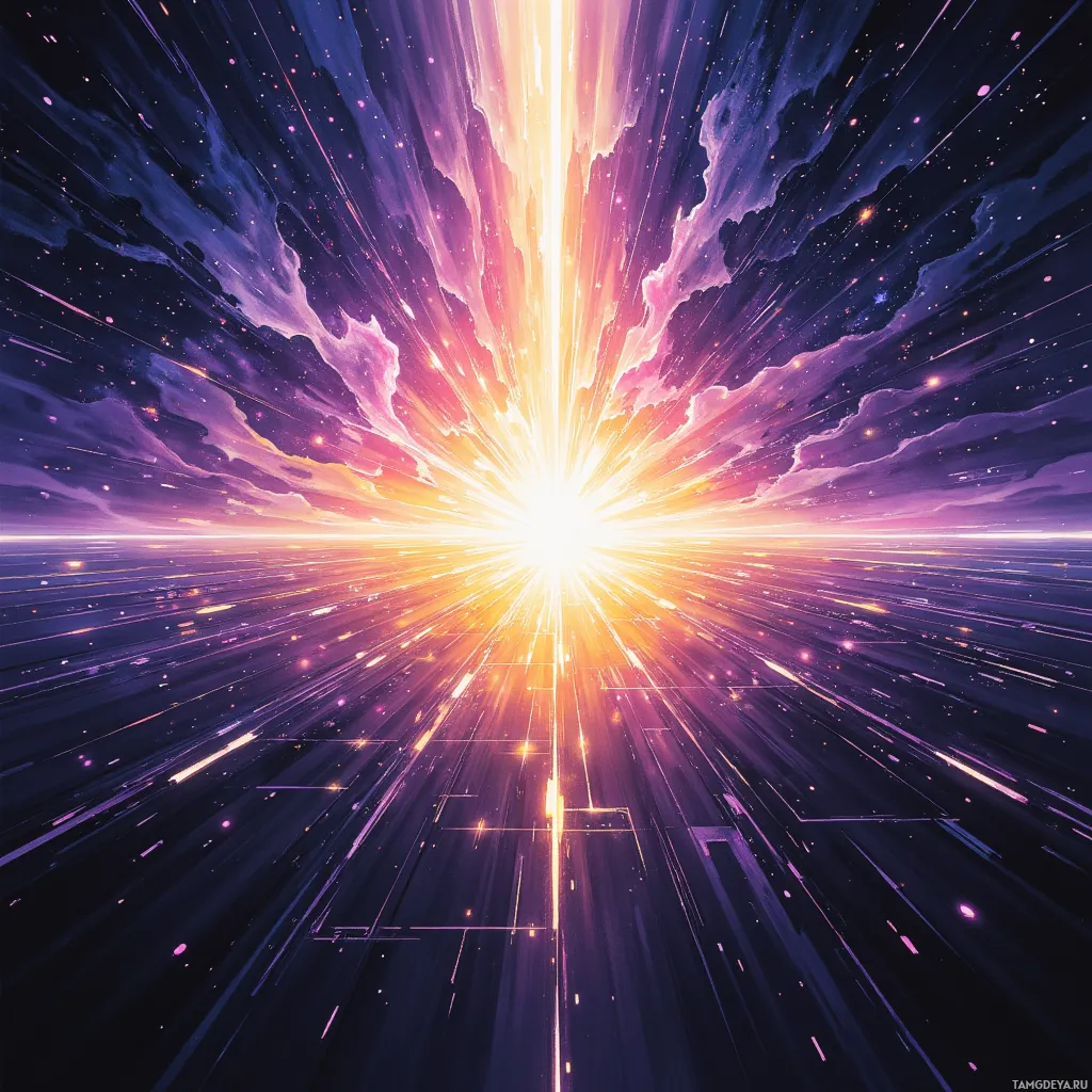 A vibrant cosmic explosion with radiant light and star-like particles radiating outward.