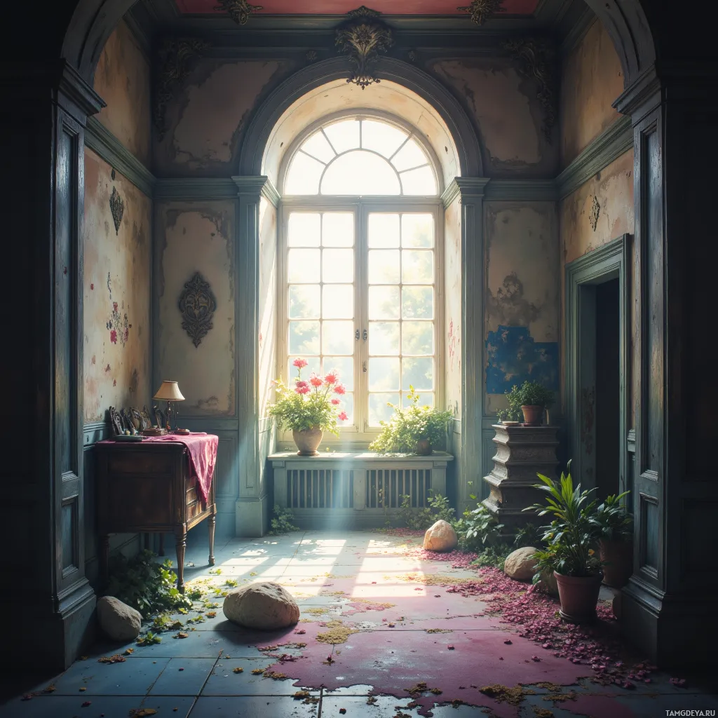 A sunlit, ornate room with a large arched window, floral decorations, and scattered petals on the floor.