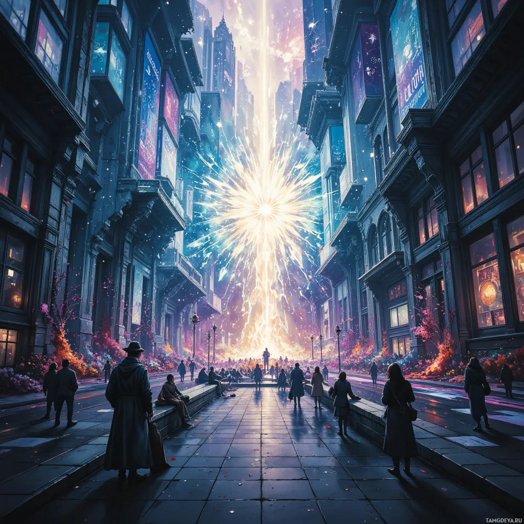 A bustling city street with people gathered, leading to a bright, glowing light source in the distance.