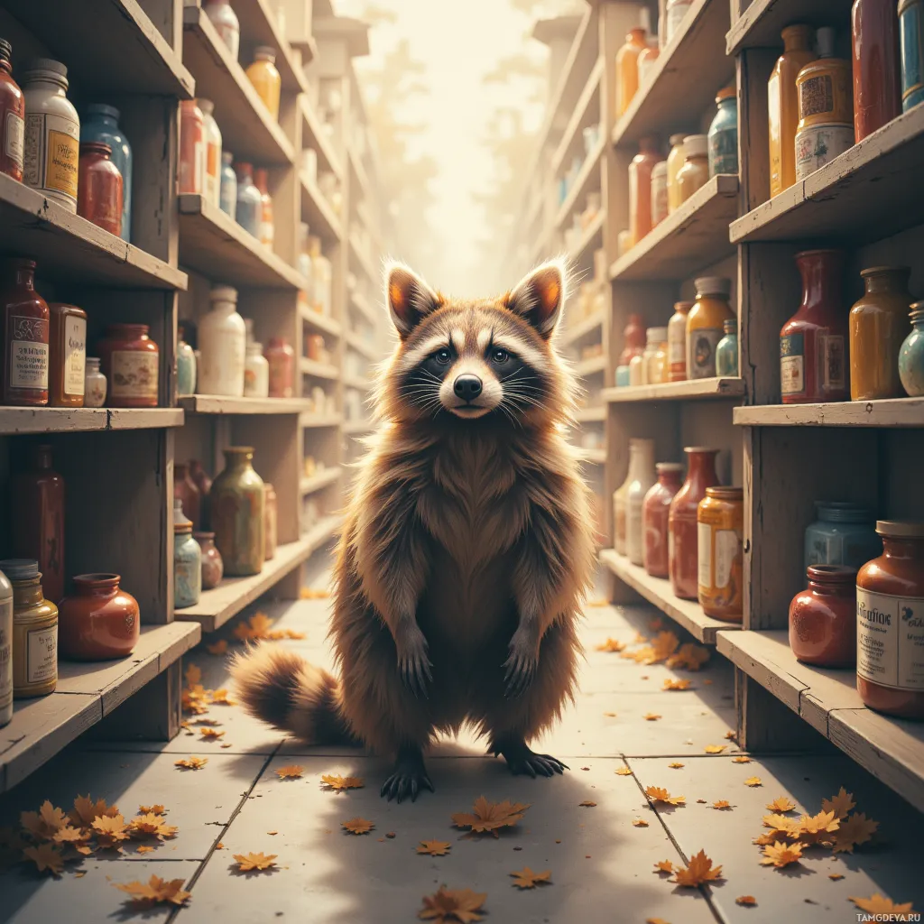 A raccoon stands in a sunlit aisle lined with shelves of jars and bottles.