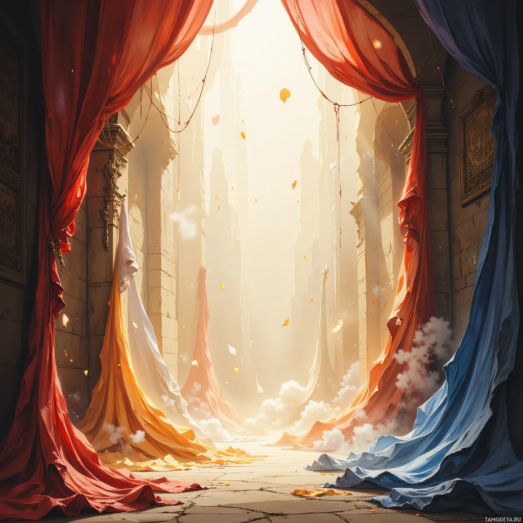 A grand, sunlit corridor adorned with flowing curtains and floating petals.