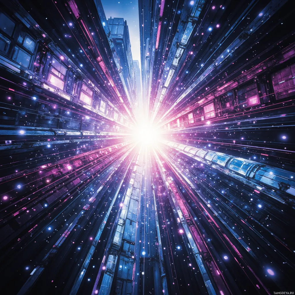 A futuristic cityscape with glowing lights and beams radiating outward.